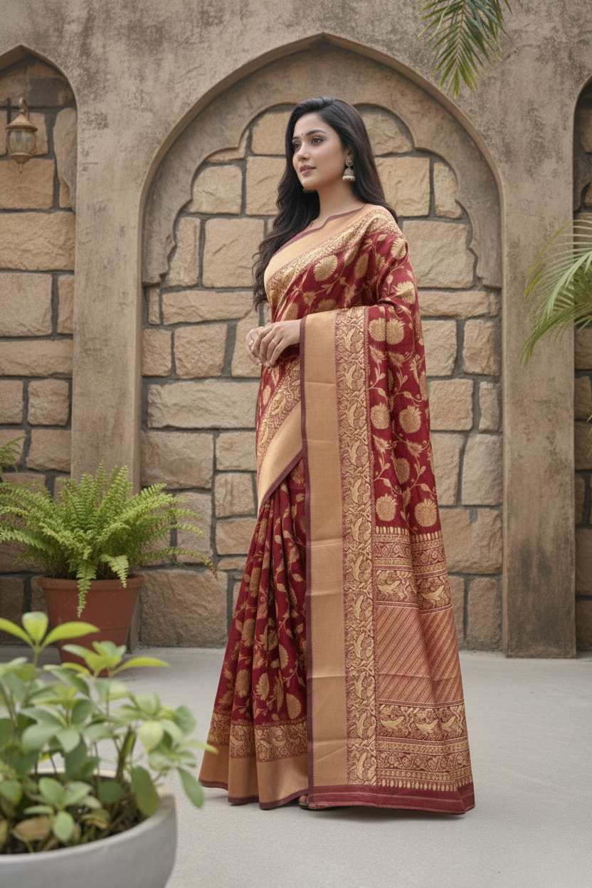Red Golden Zari Silk Blend Saree