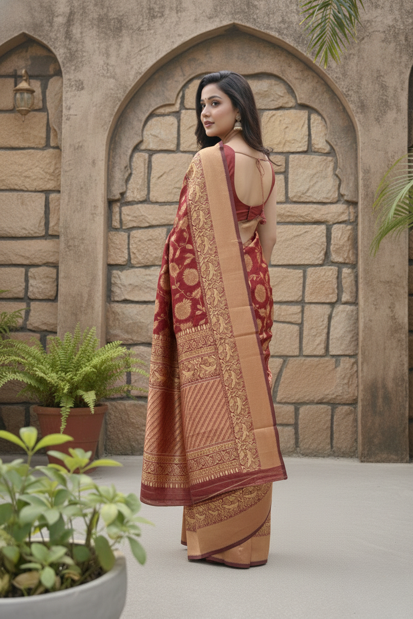 Red Golden Zari Silk Blend Saree