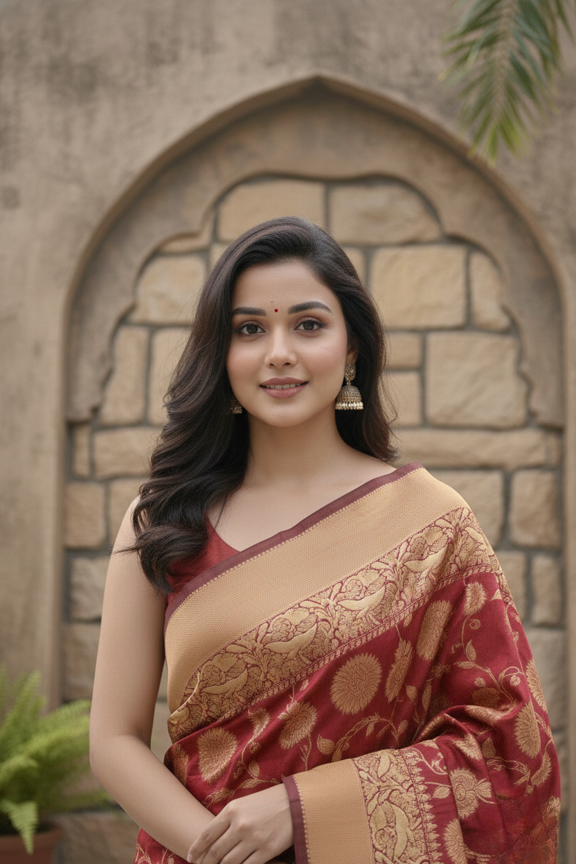Red Golden Zari Silk Blend Saree