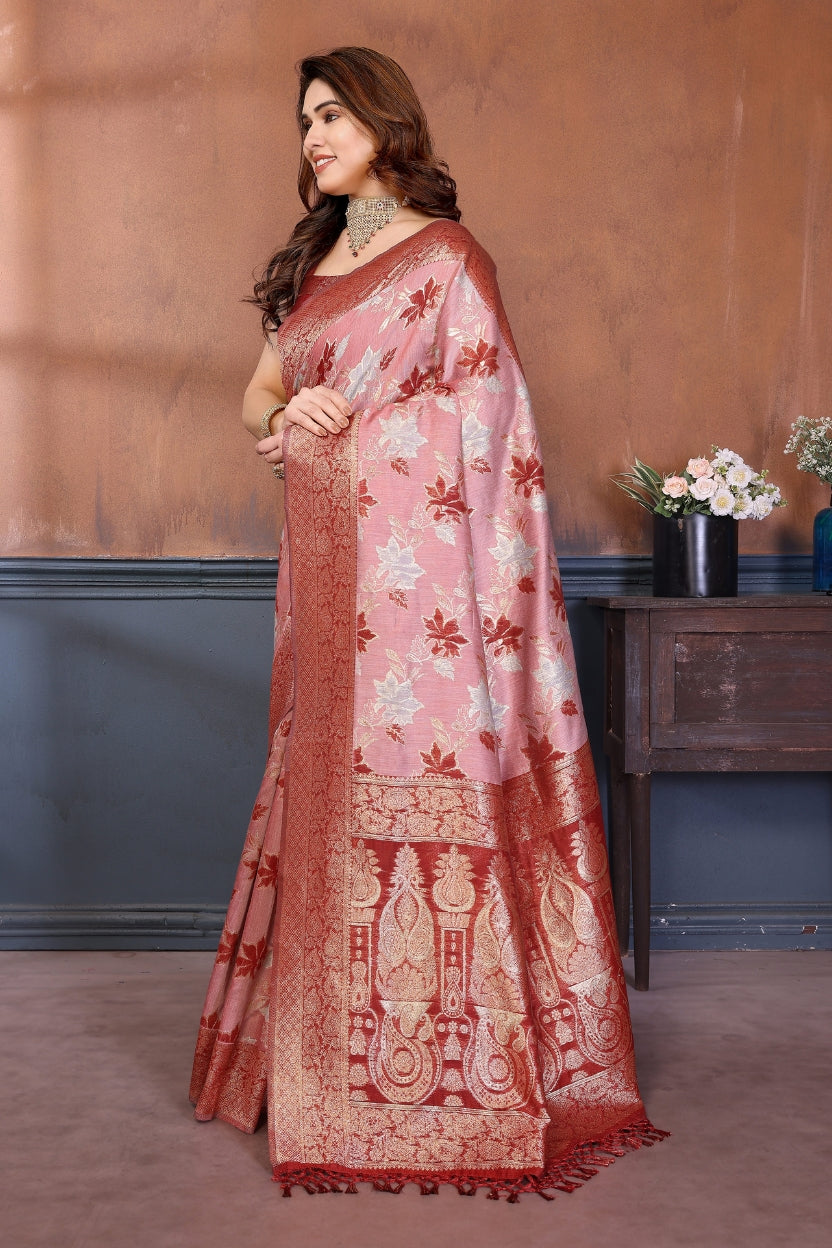 Red Lotus Cotton Blend Jacquard Zari Saree
