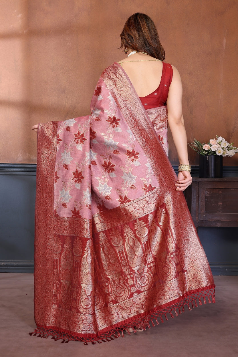 Red Lotus Cotton Blend Jacquard Zari Saree