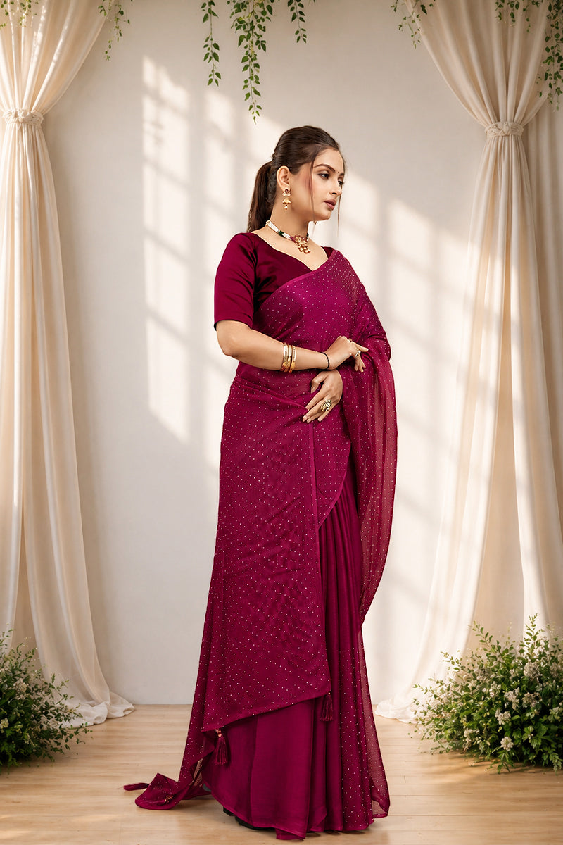 Red Stone Work Satin Chiffon Saree