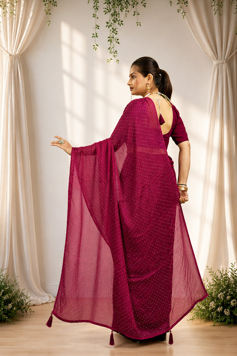 Red Stone Work Satin Chiffon Saree