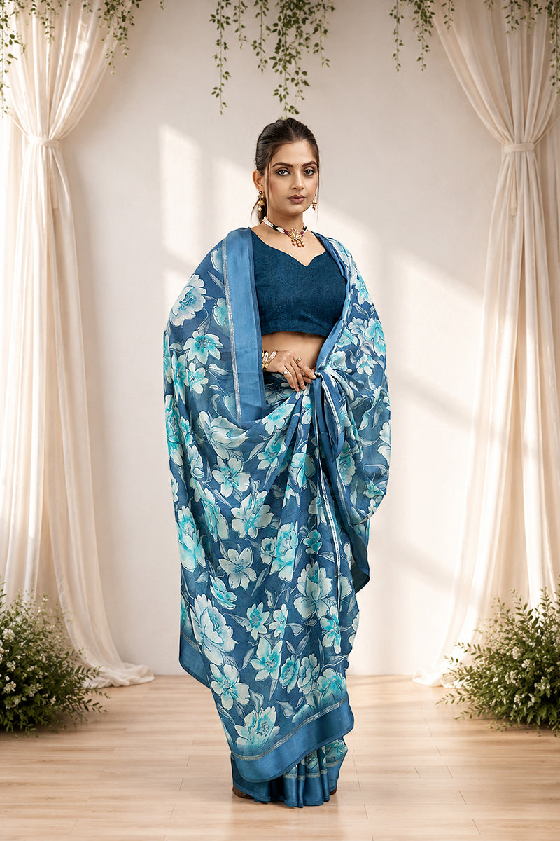 Royal Blue Floral Print Bright Moss Satin Border Saree