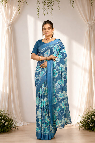 Royal Blue Floral Print Bright Moss Satin Border Saree