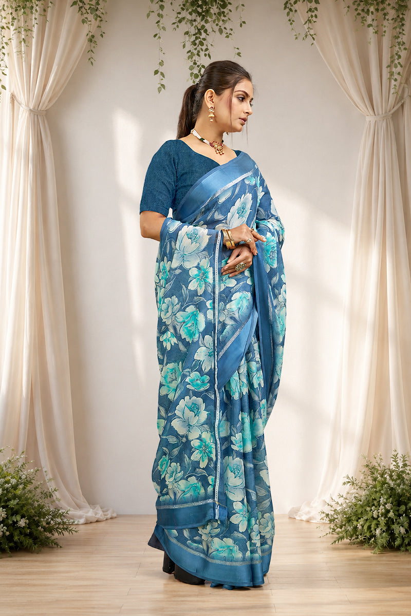 Royal Blue Floral Print Bright Moss Satin Border Saree