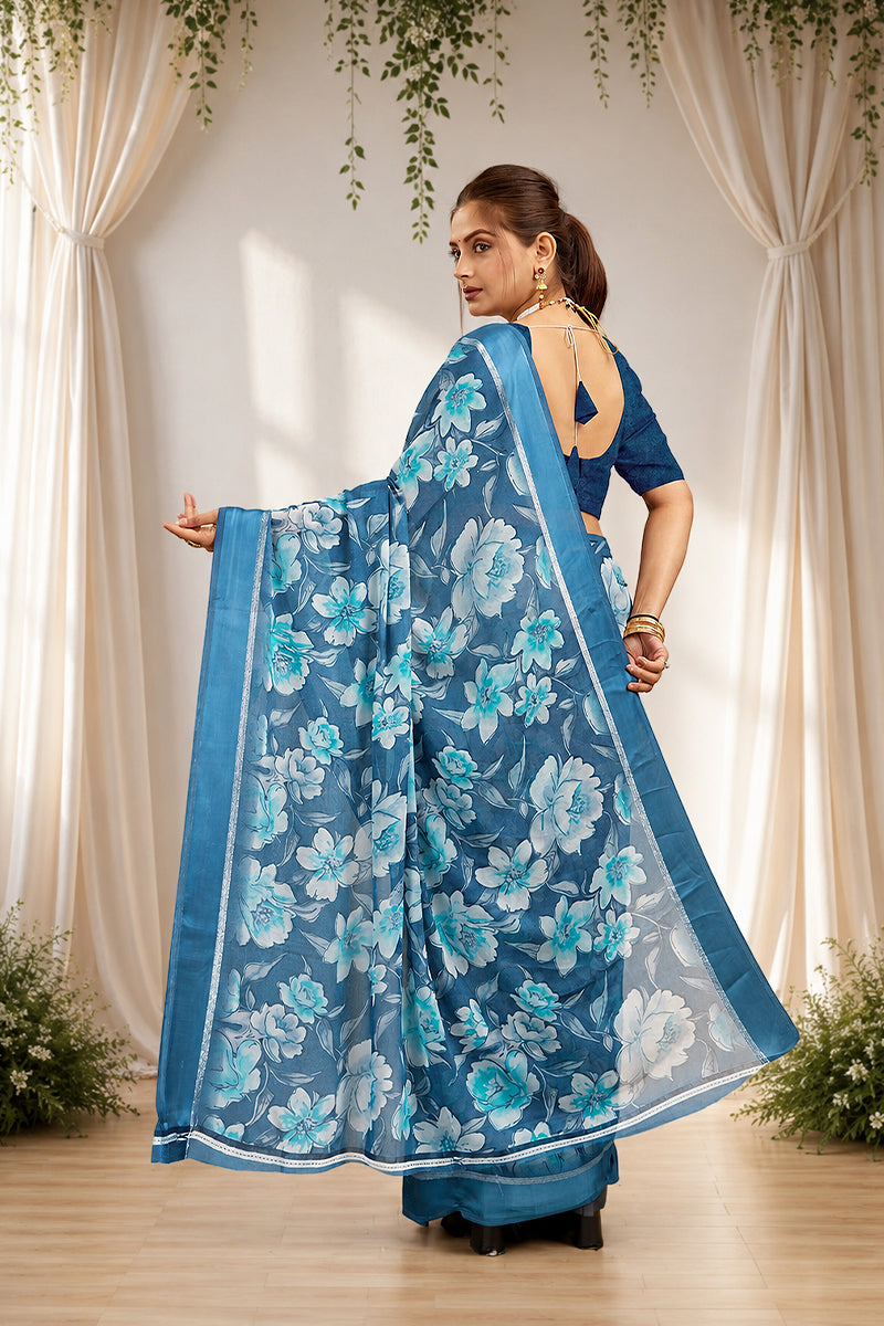 Royal Blue Floral Print Bright Moss Satin Border Saree