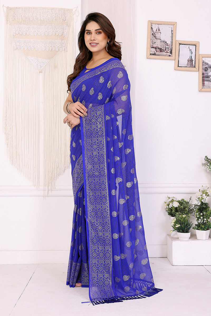 Royal Blue Foil Printed Soft Georgette Saree