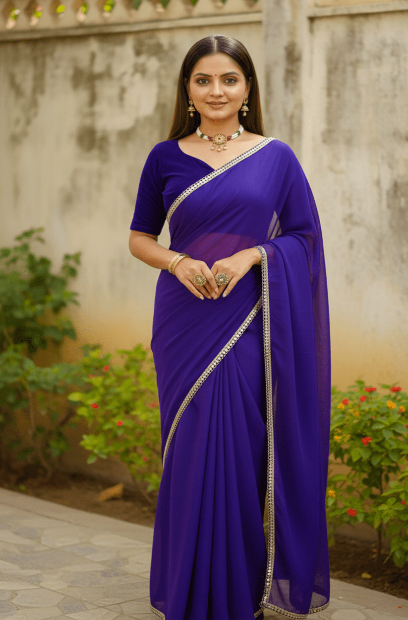 Royal Blue Mirror Lace Georgette Saree