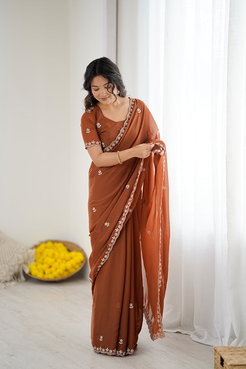 Rust Orange Embroidered Georgette Lace Saree