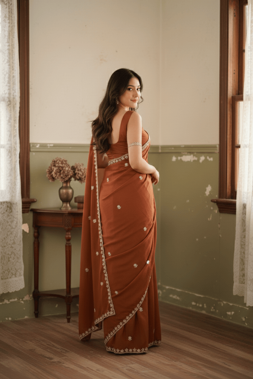 Rust Orange Embroidered Georgette Lace Saree