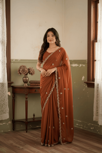 Rust Orange Embroidered Georgette Lace Saree
