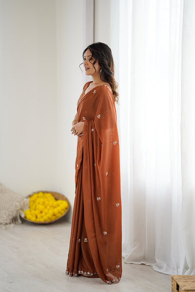 Rust Orange Embroidered Georgette Lace Saree
