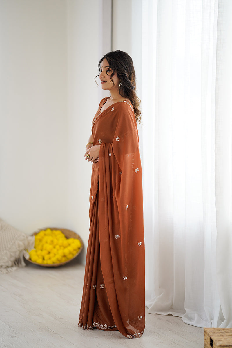 Rust Orange Embroidered Georgette Lace Saree