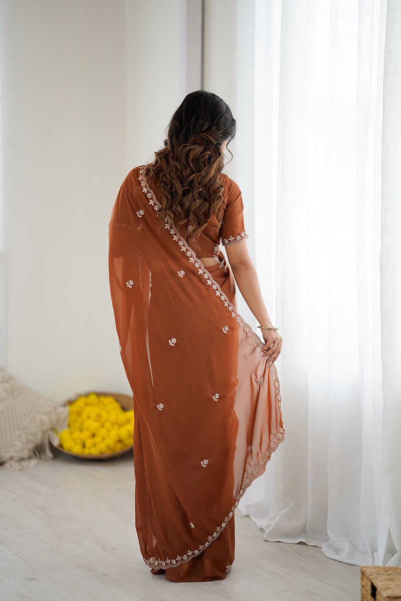 Rust Orange Embroidered Georgette Lace Saree