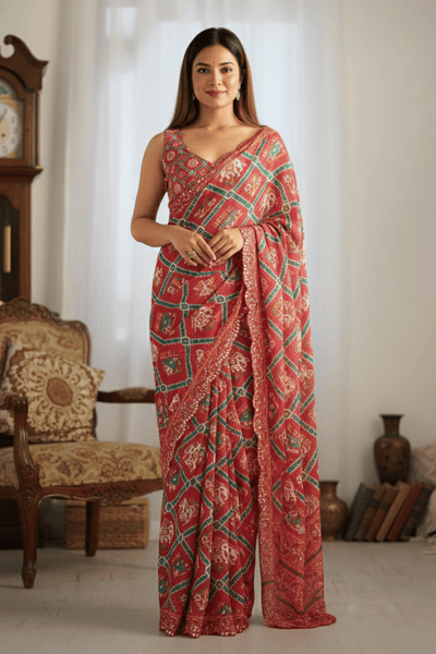 Rust Red Printed Georgette Saree