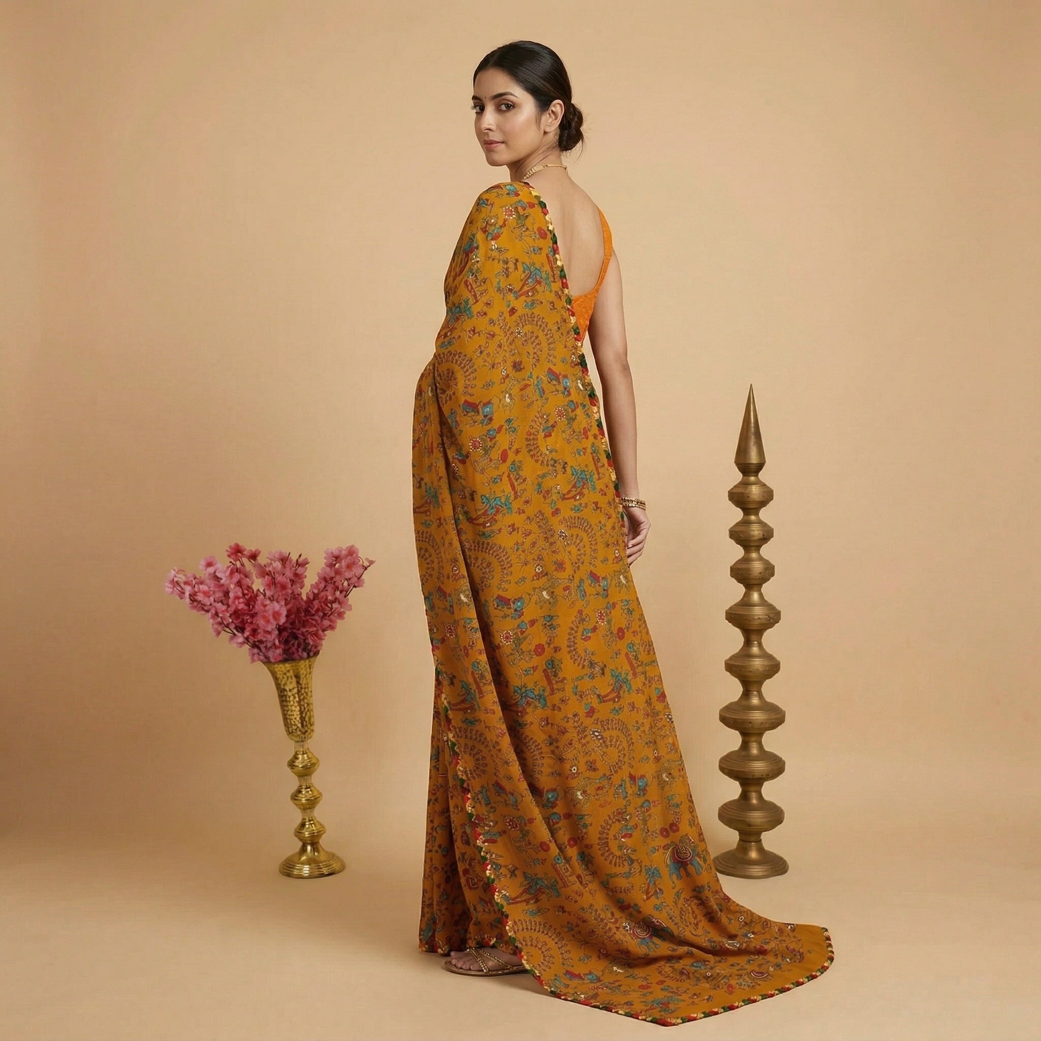 Yellow Floral Printed Georgette Saree