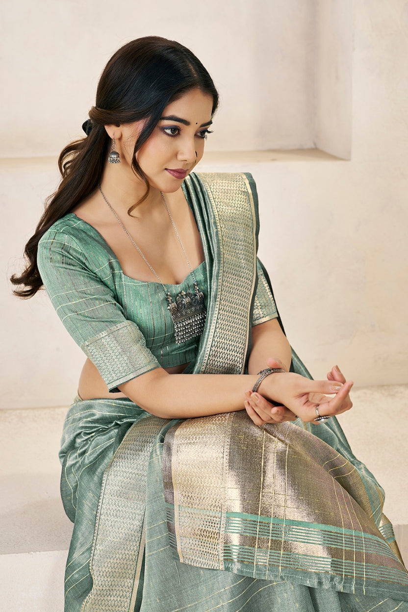 Sage Green Linen Cotton Saree