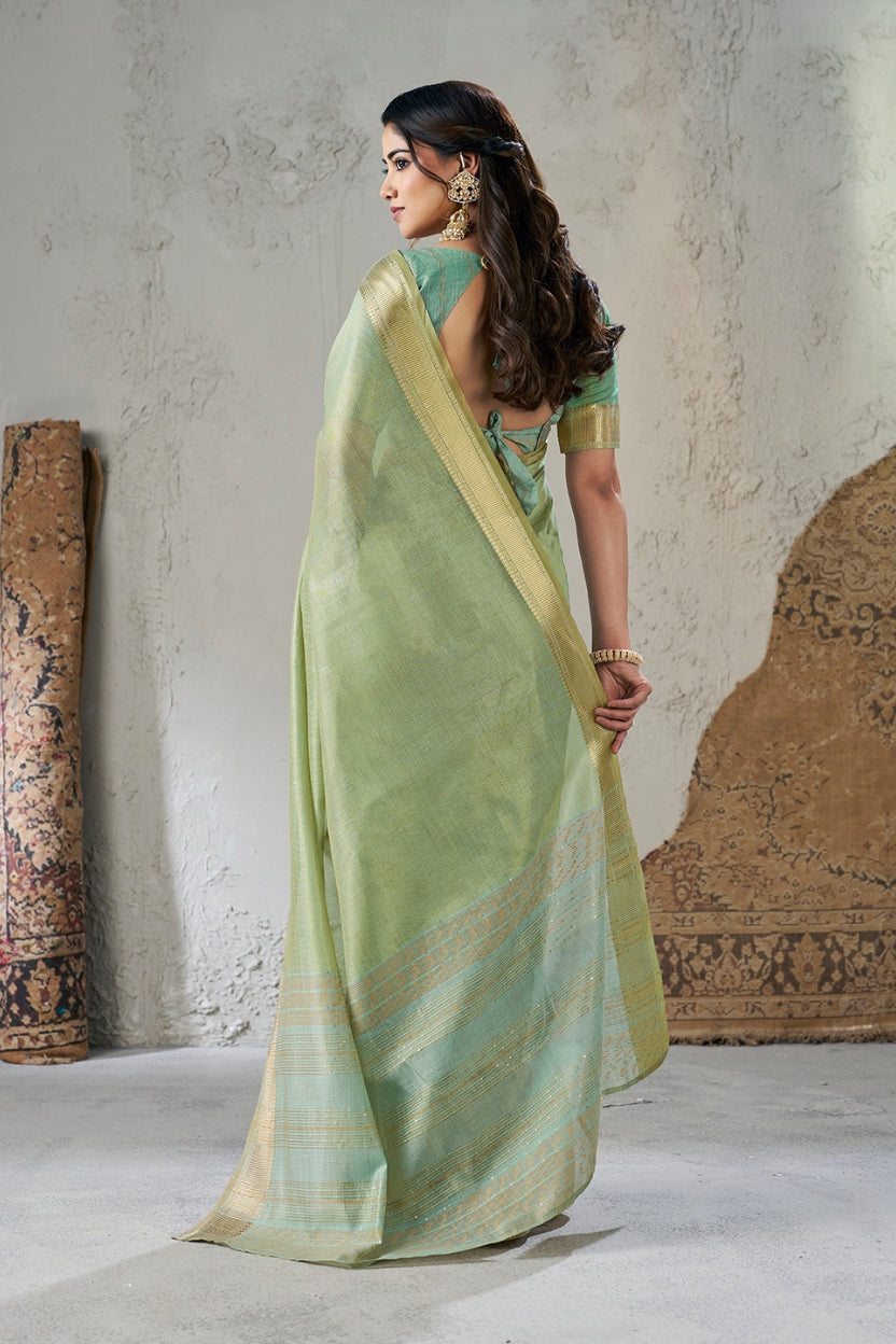 Sage Green Linen Cotton Zari Border Saree