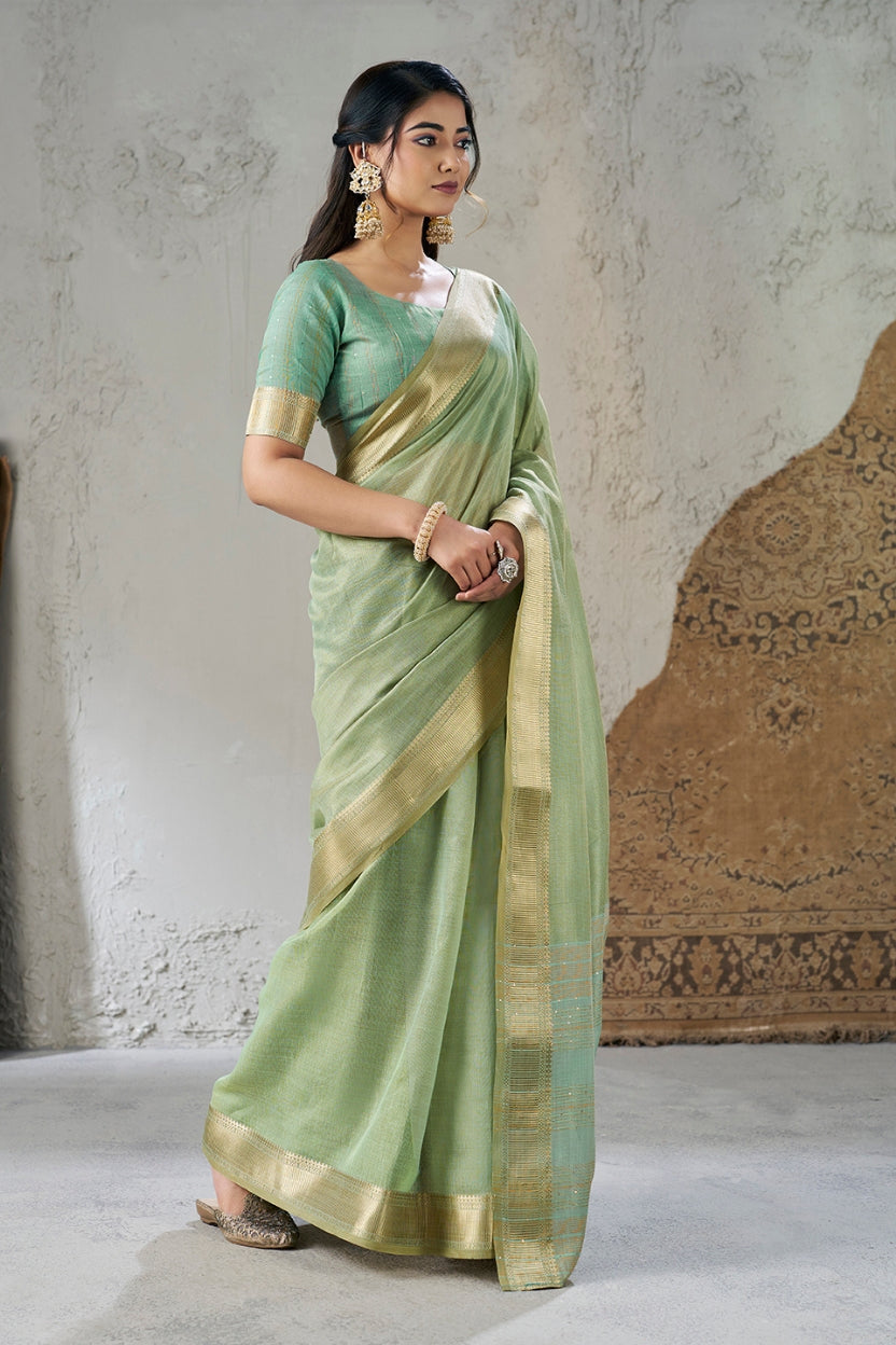 Sage Green Linen Cotton Zari Border Saree