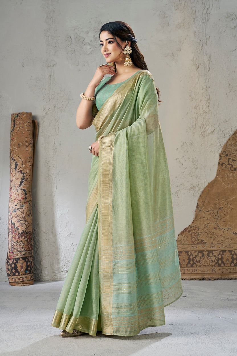 Sage Green Linen Cotton Zari Border Saree