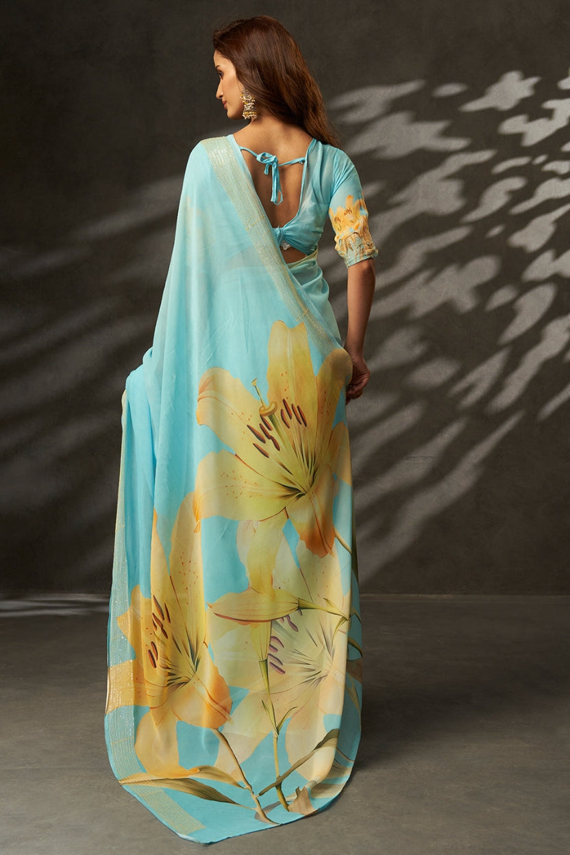 Sky Blue Digital Printed Georgette Saree