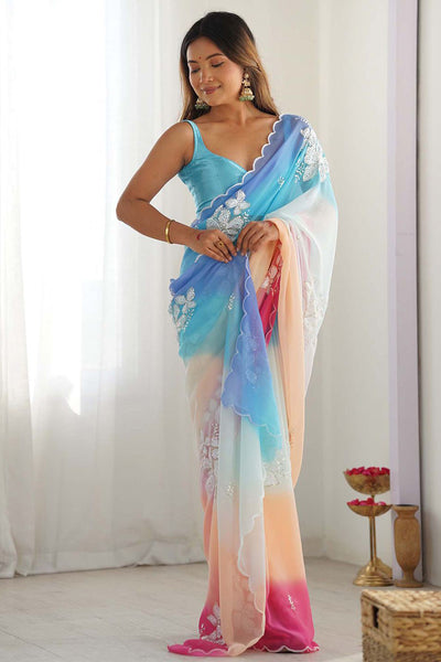 Sky Blue Embroidery Work Georgette Saree