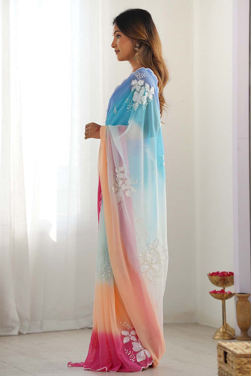 Sky Blue Embroidery Work Georgette Saree