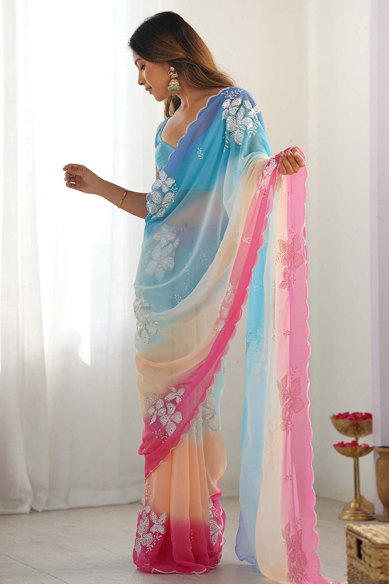 Sky Blue Embroidery Work Georgette Saree