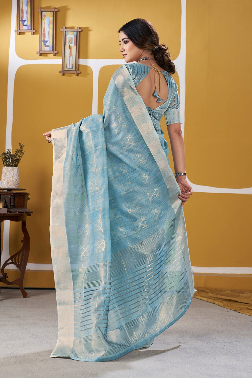 Sky Blue Linen Cotton Saree