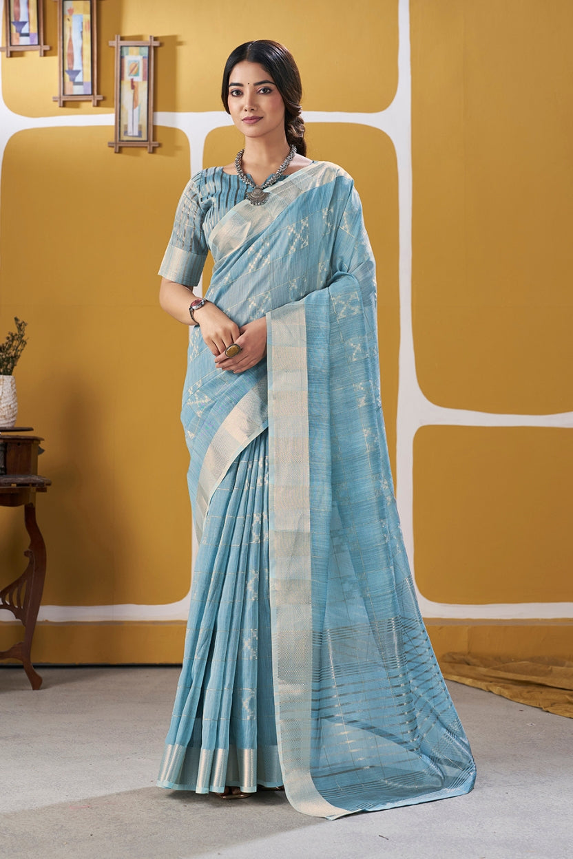 Sky Blue Linen Cotton Saree
