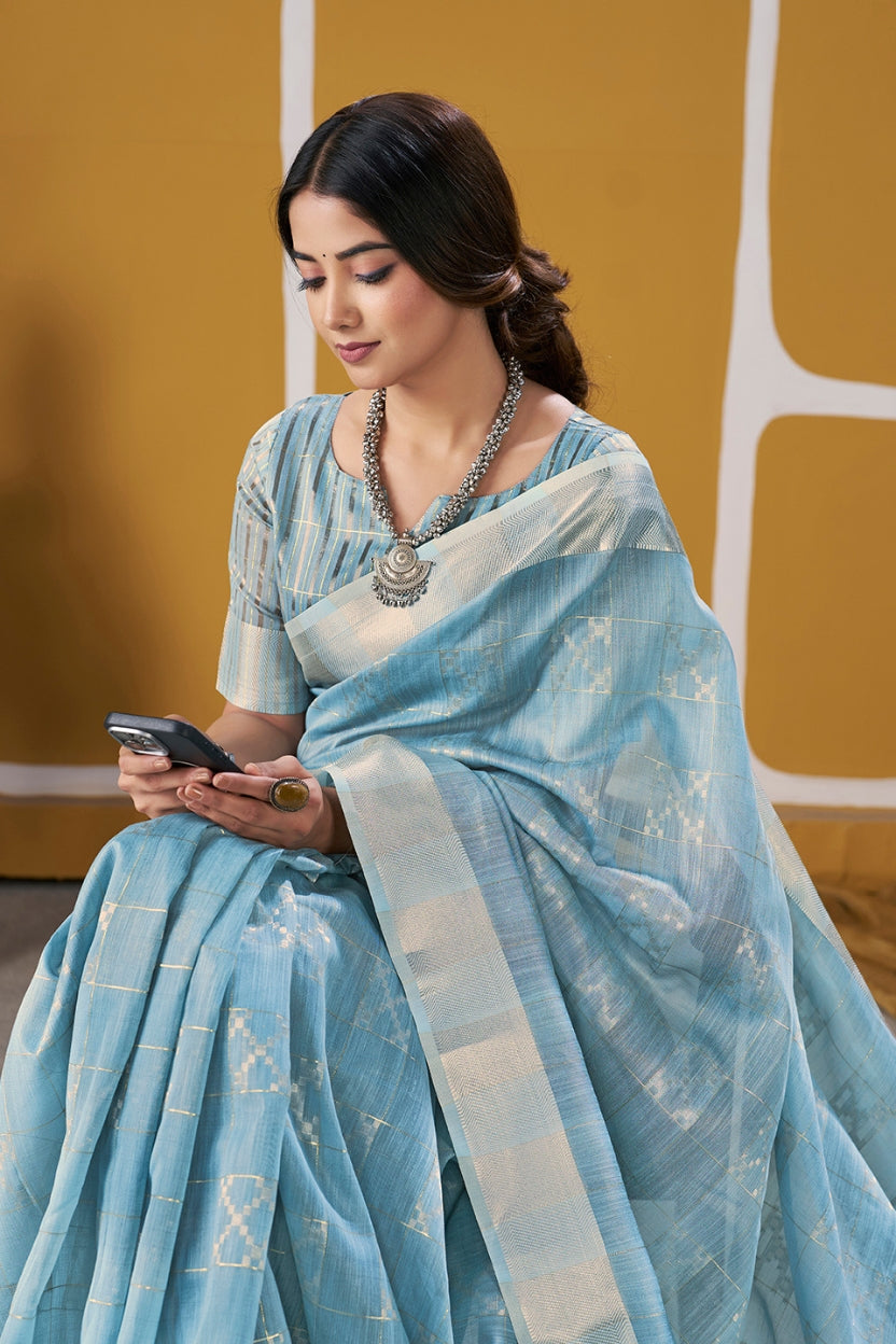 Sky Blue Linen Cotton Saree