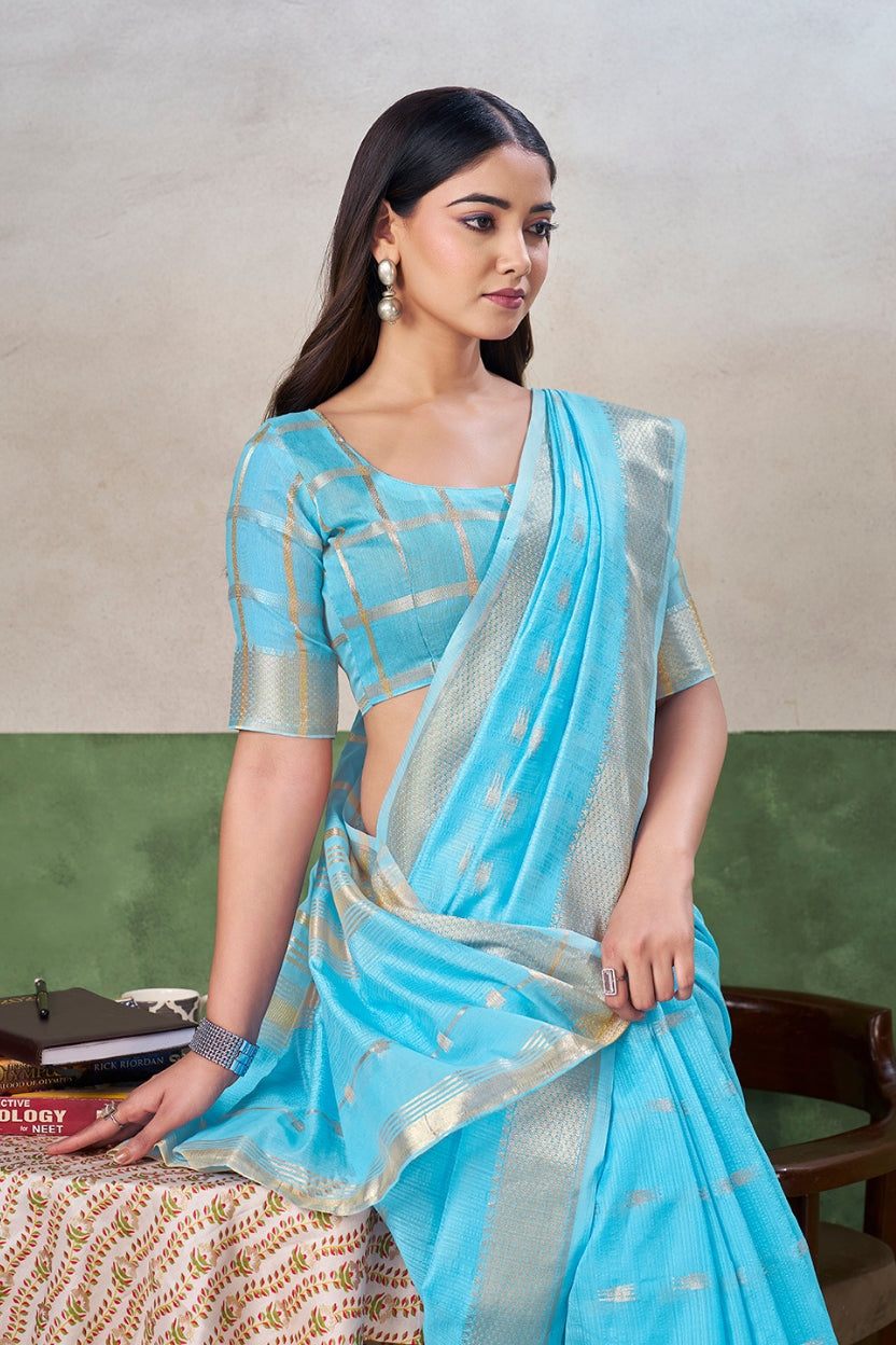 Sky Blue Linen Cotton Saree
