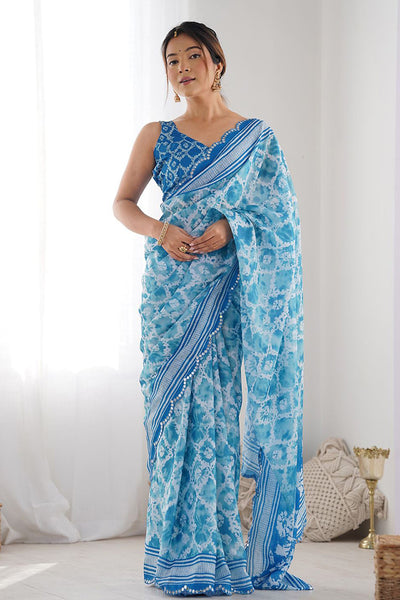 Sky Blue Printed Georgette Saree