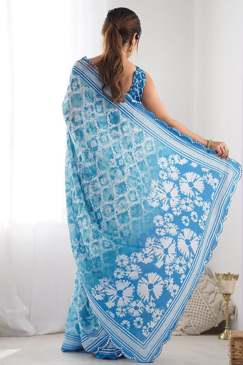 Sky Blue Printed Georgette Saree