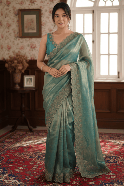 Sky Blue Soft Silk Swarovski Embroidery Saree
