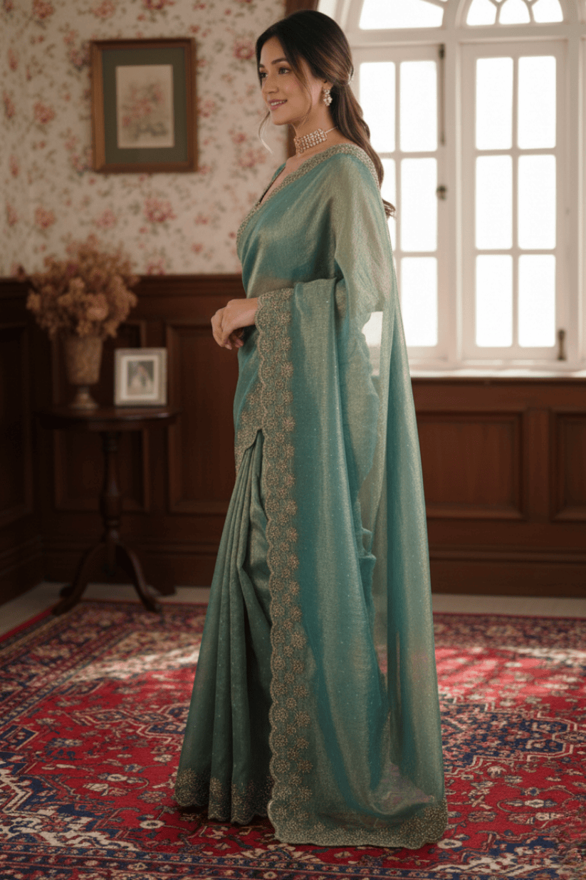 Sky Blue Soft Silk Swarovski Embroidery Saree