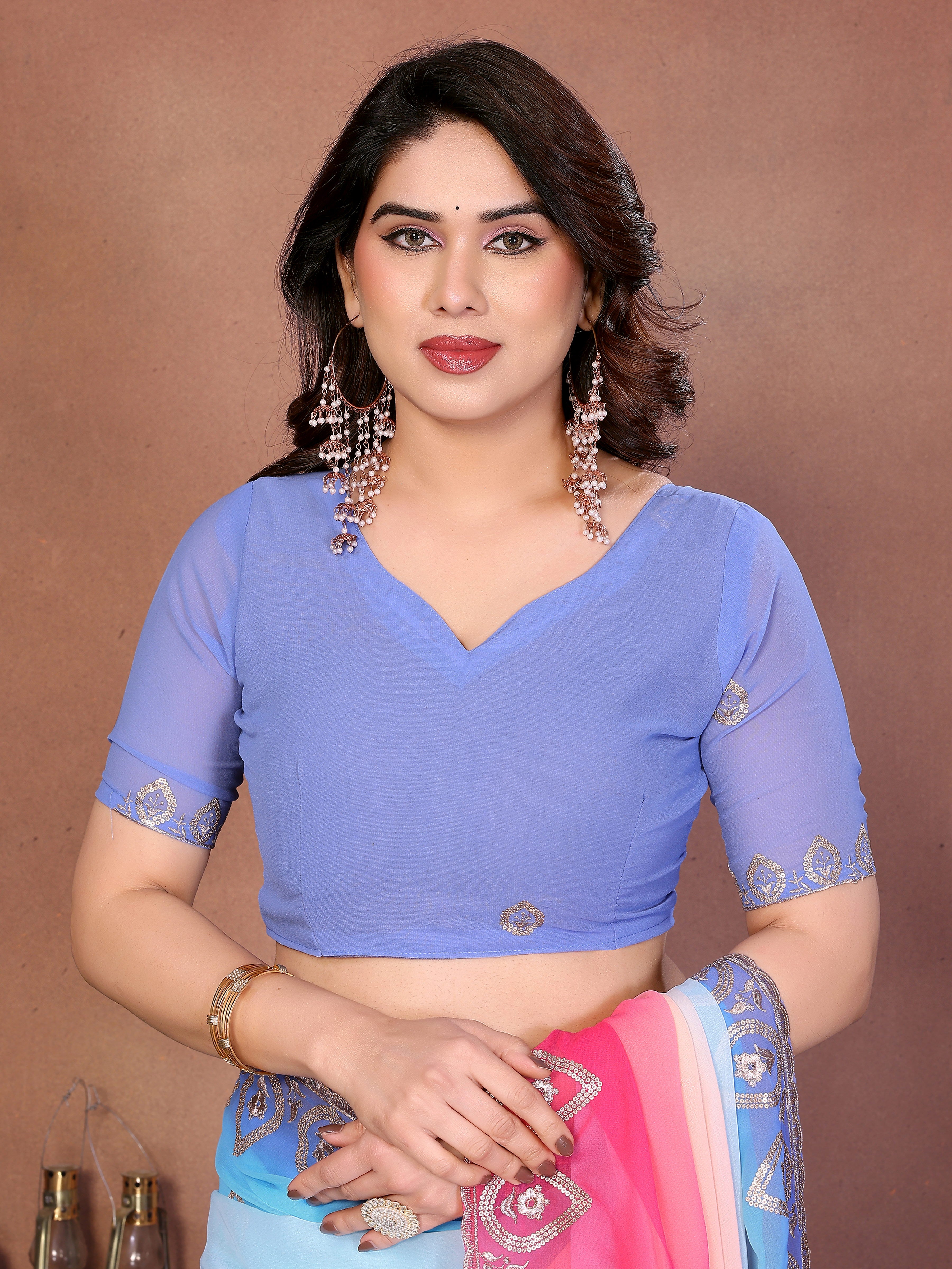 Sky Georgette Embroidered Saree