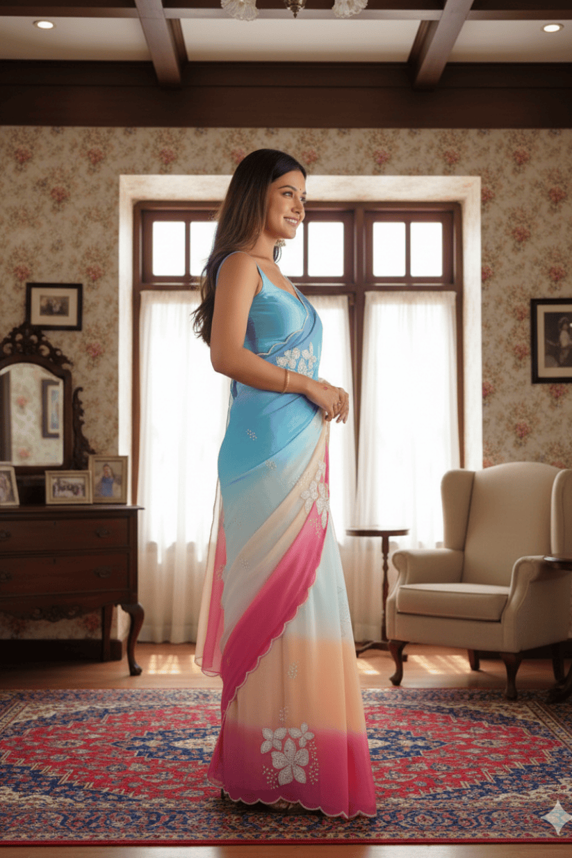 Sky Blue Embroidery Work Georgette Saree