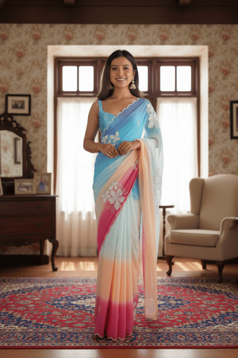 Sky Blue Embroidery Work Georgette Saree