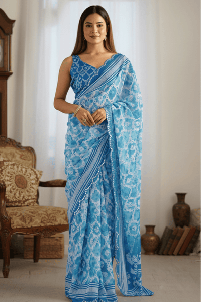 Sky Blue Printed Georgette Saree