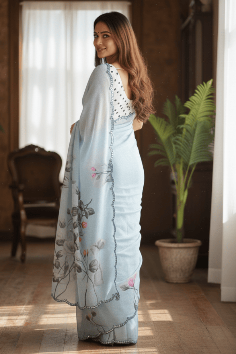 Sky Blue Printed Georgette Saree