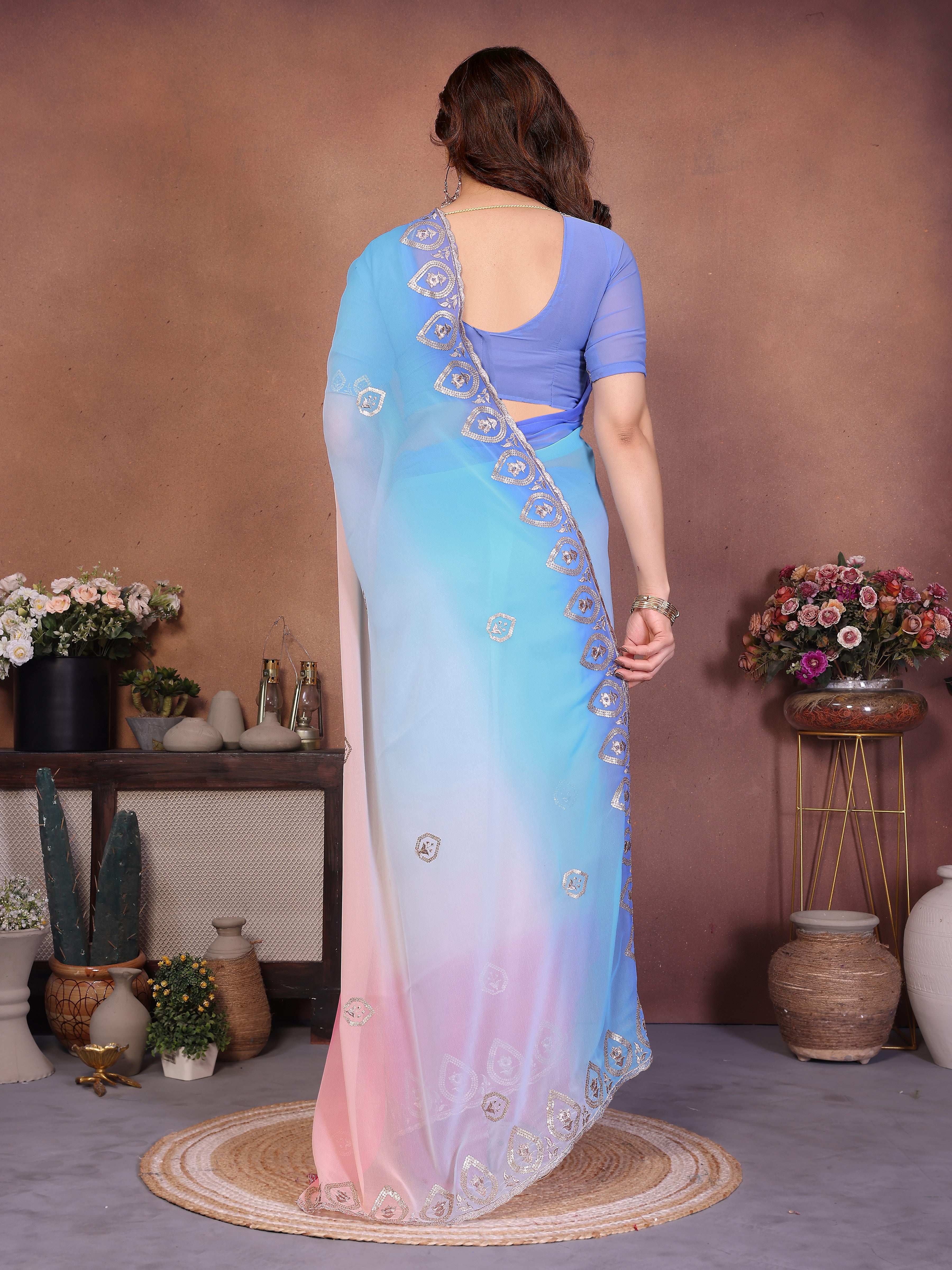 Sky Georgette Embroidered Saree