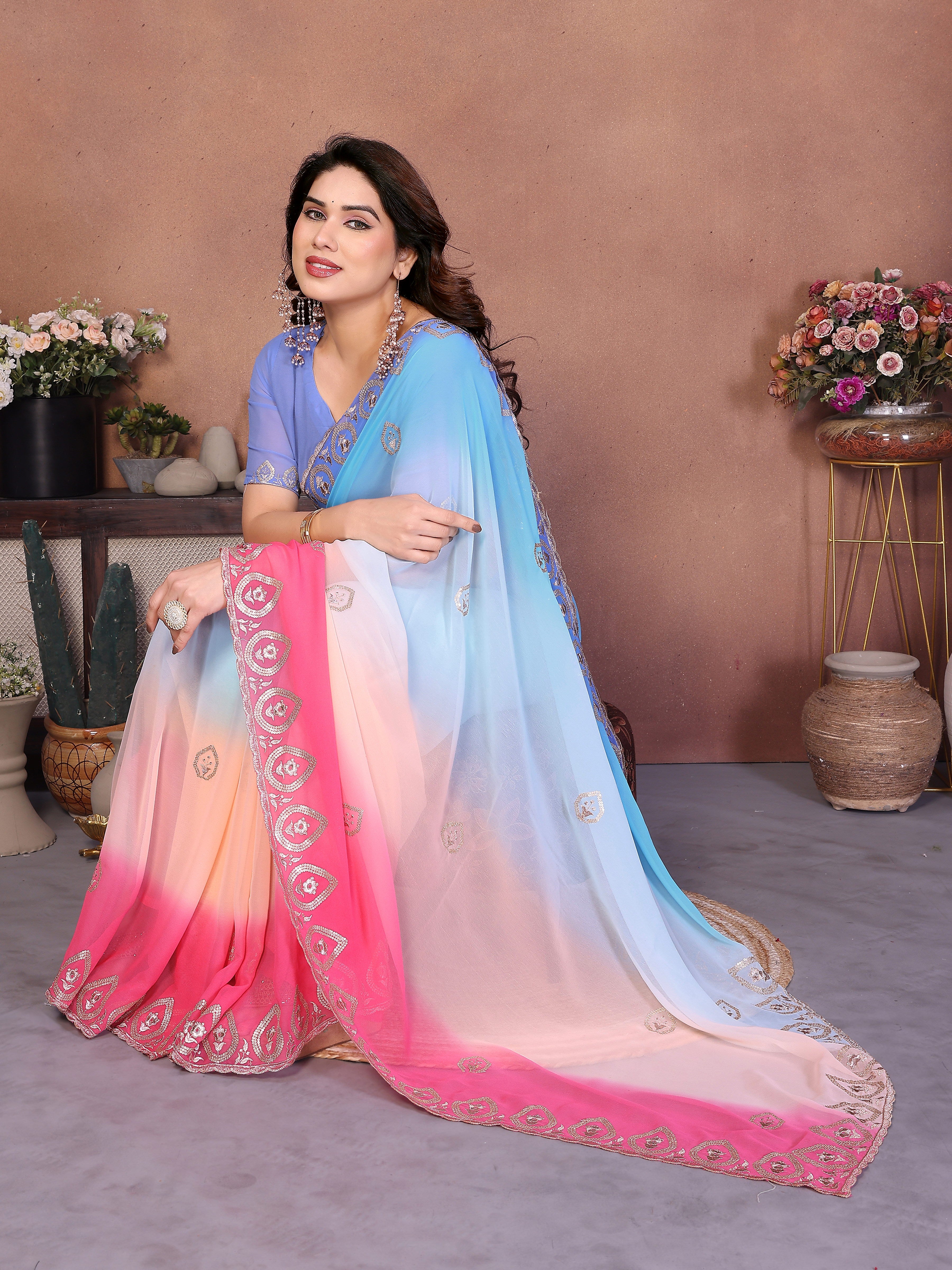 Sky Georgette Embroidered Saree