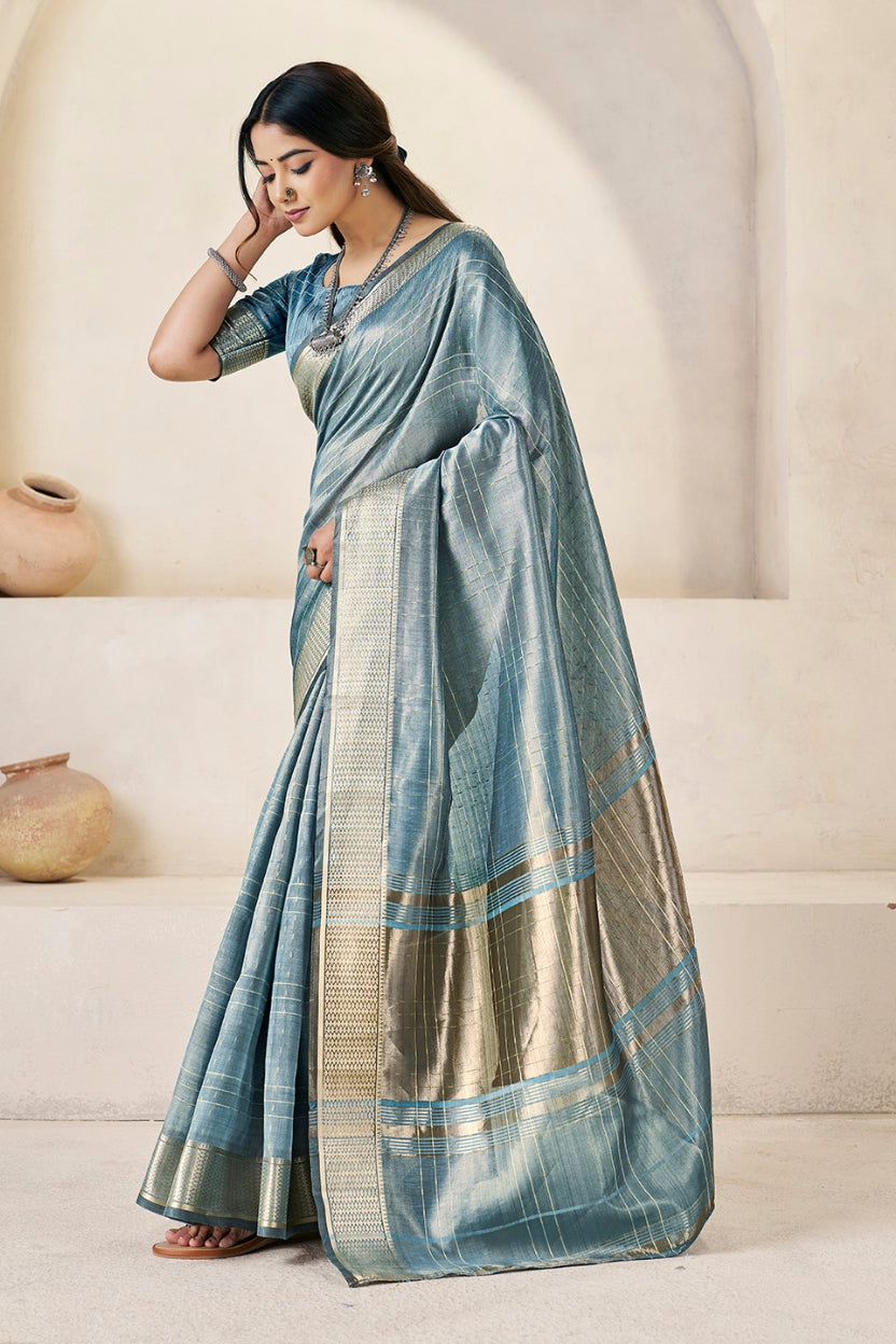 Slate Blue Linen Cotton Saree