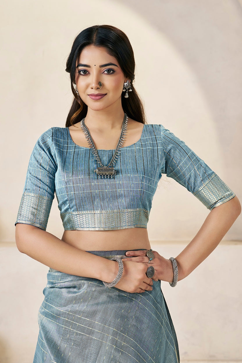 Slate Blue Linen Cotton Saree