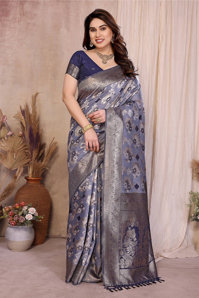 Blue Cotton Blend Jacquard Zari Saree