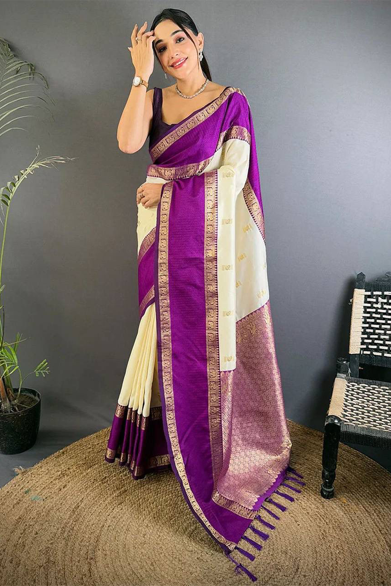 Cream Woven Kanjivaram Silk Saree