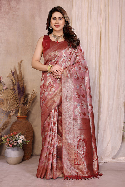 Red Cotton Blend Jacquard Zari Saree