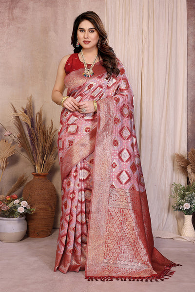 Red Cotton Blend Jacquard Zari Saree